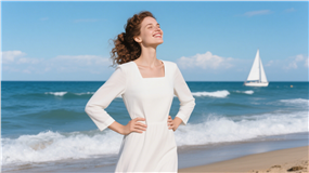 夏日海边白色连衣裙美女图片